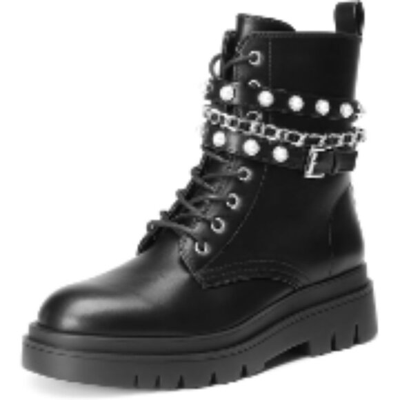 Women's Faux Leather Platform Combat Boots with Silver Chains and Pearl-Studded